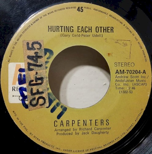 Hurting Each Other by Carpenters single cover art