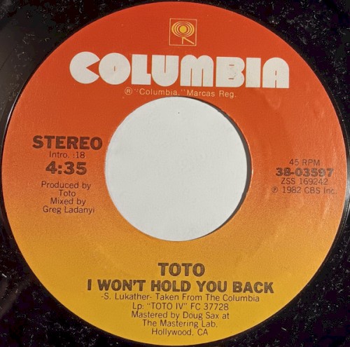 I Won’t Hold You Back by Toto single cover art